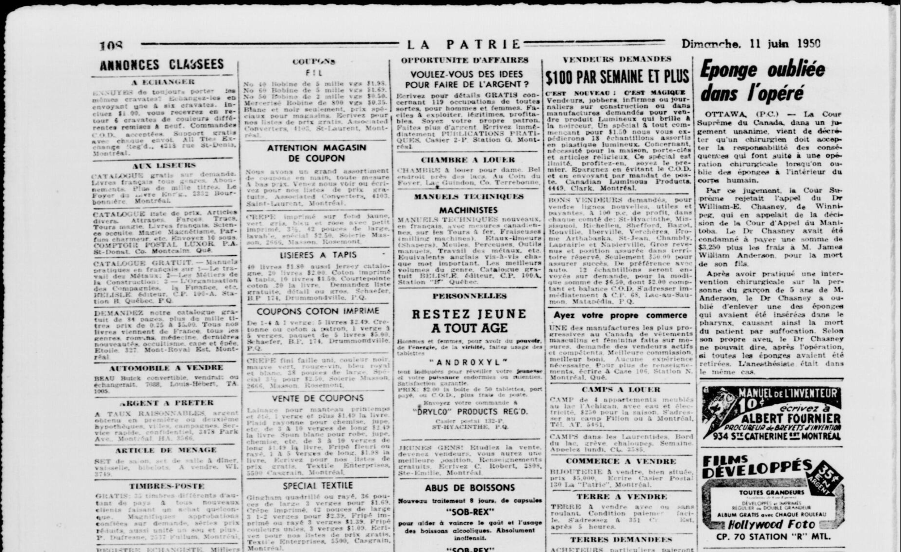 Annonces classées du journal La Patrie du 11 juin 1950. (Document: BANQ)