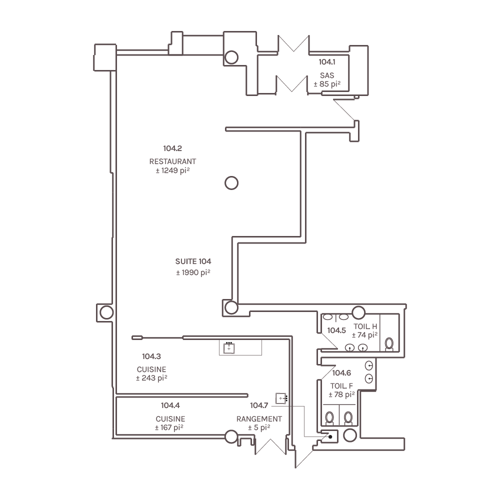 La suite 104 est un espace idéal&nbsp;pour un restaurant, un café ou un commerce à fort achalandage. Elle est composée d'un&nbsp;vaste espace ouvert, d'un espace pour plonge et cuisine commerciale (entrée de gaz naturel incluse) et de sanitaire H-F.