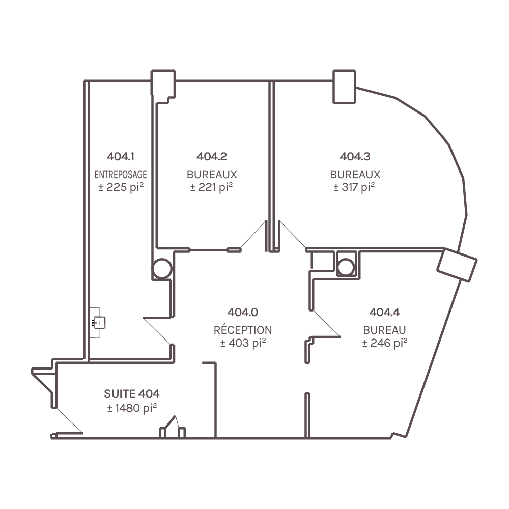 La suite 404&nbsp;avec sa réception centrale et ses trois bureaux fermés, est parfaite pour une entreprise recherchant un cadre structuré et accueillant.